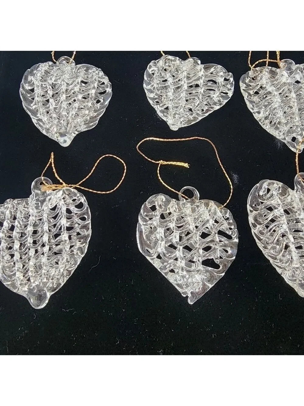 Vtg set 12 hand spun glass lattice heart ornaments
